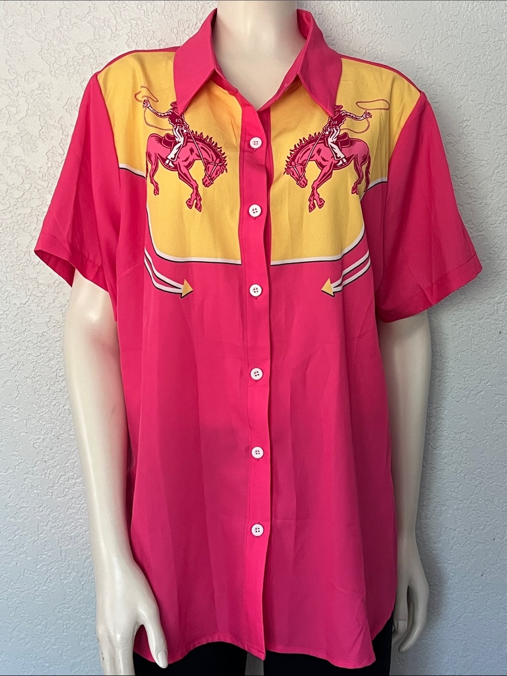 Boutique Western Bronc Rider Shirt Womens Lg Pink Yellow Rodeo Cowboy Festival